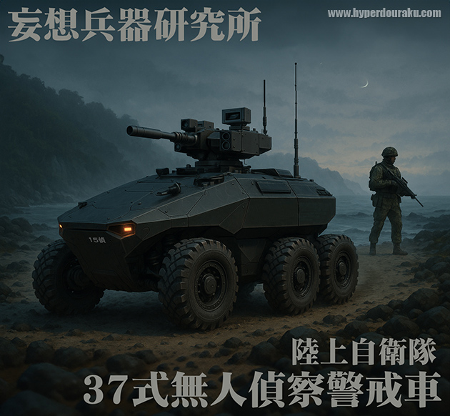 37式のクォータービュー。海岸背景、水機団隊員が背後で38式6.8mm小銃で警戒中。