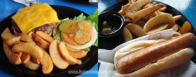 ホームメードチーズバーガーとオールアメリカンビーフホットドック