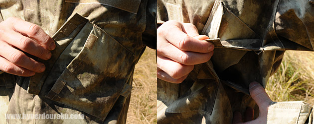 胸ポケットは斜めに二重構造