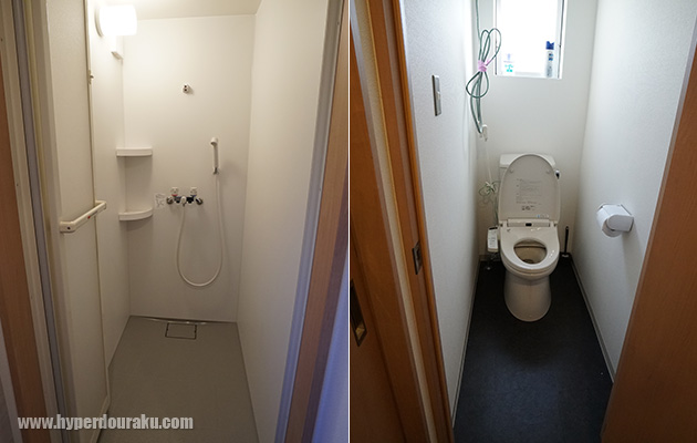 男女別のシャワールーム、ウォシュレット付き水洗洋式トイレ完備