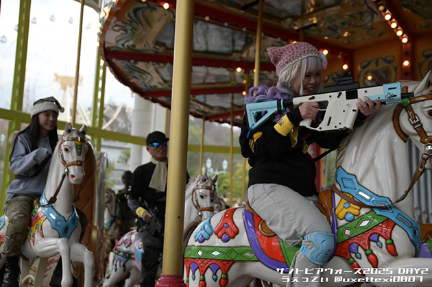 装備を着けたままエアソフトガンを持って乗る