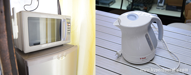 電子レンジ、冷蔵庫、ポット